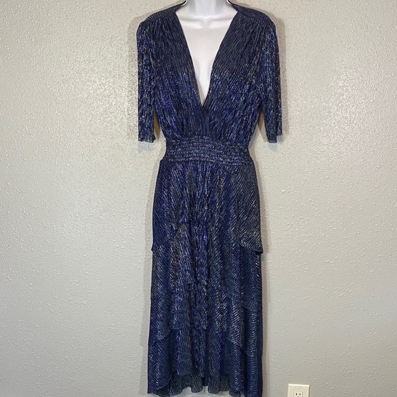 Maje Metallic Blues/Black & Silver Tiered V-Neck Midi Dress - Picture 2 of 10